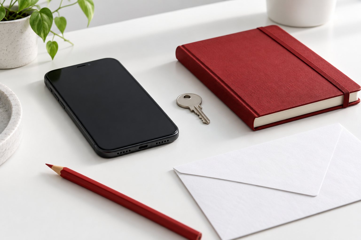 Phone, key and closed red notebook illustrating personal account privacy