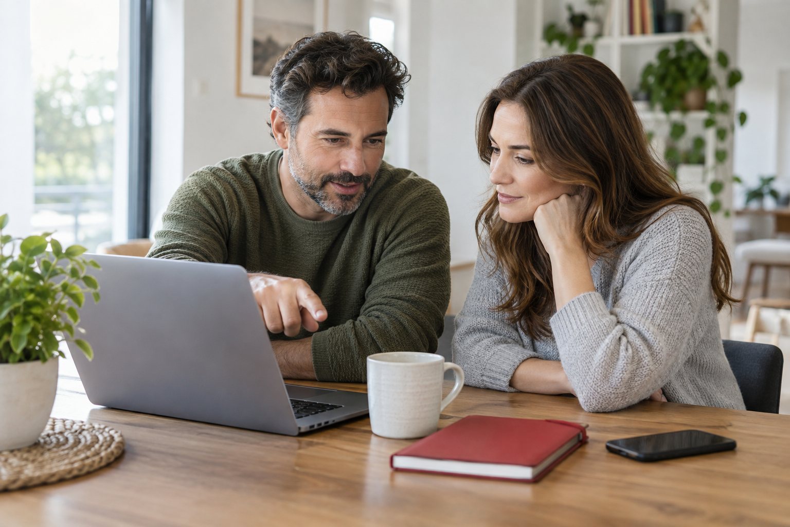 Two adults reviewing a laptop together at a home office table