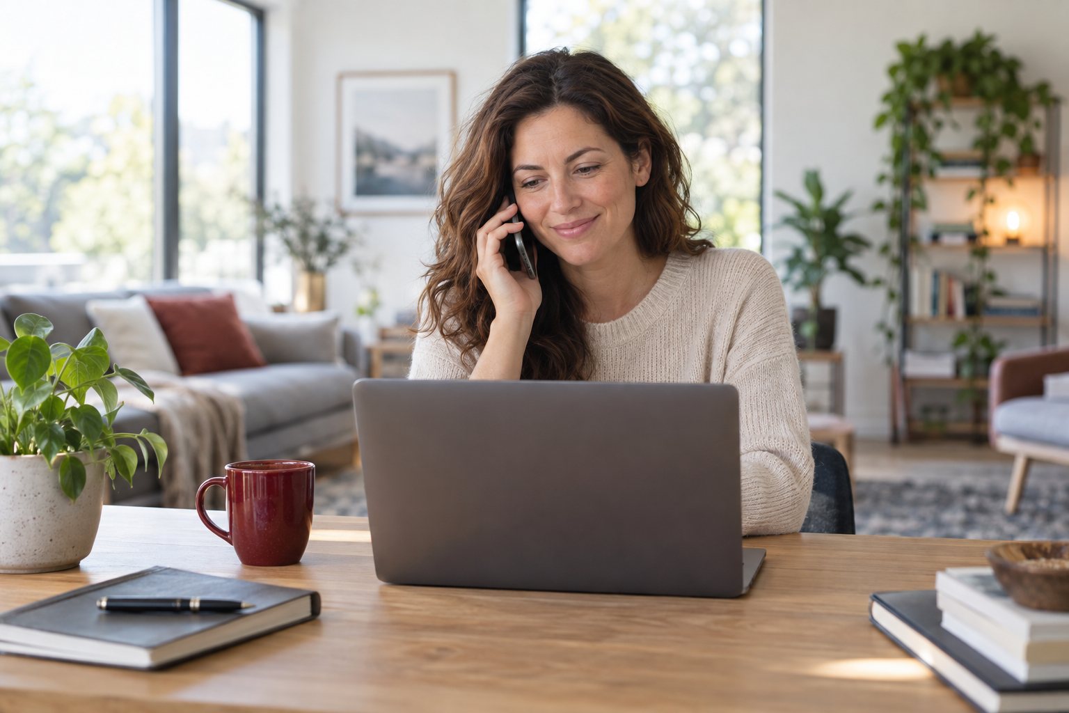 Woman discussing her laptop while taking a phone call in a bright home office