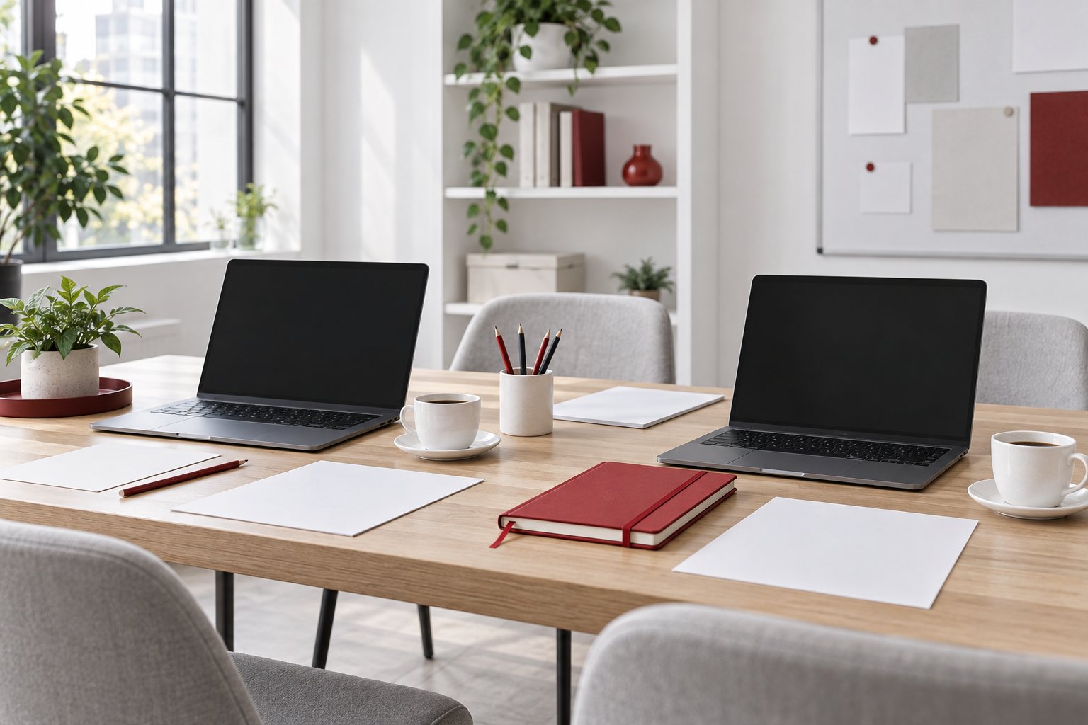 Two laptops and notebooks arranged for a small team planning session