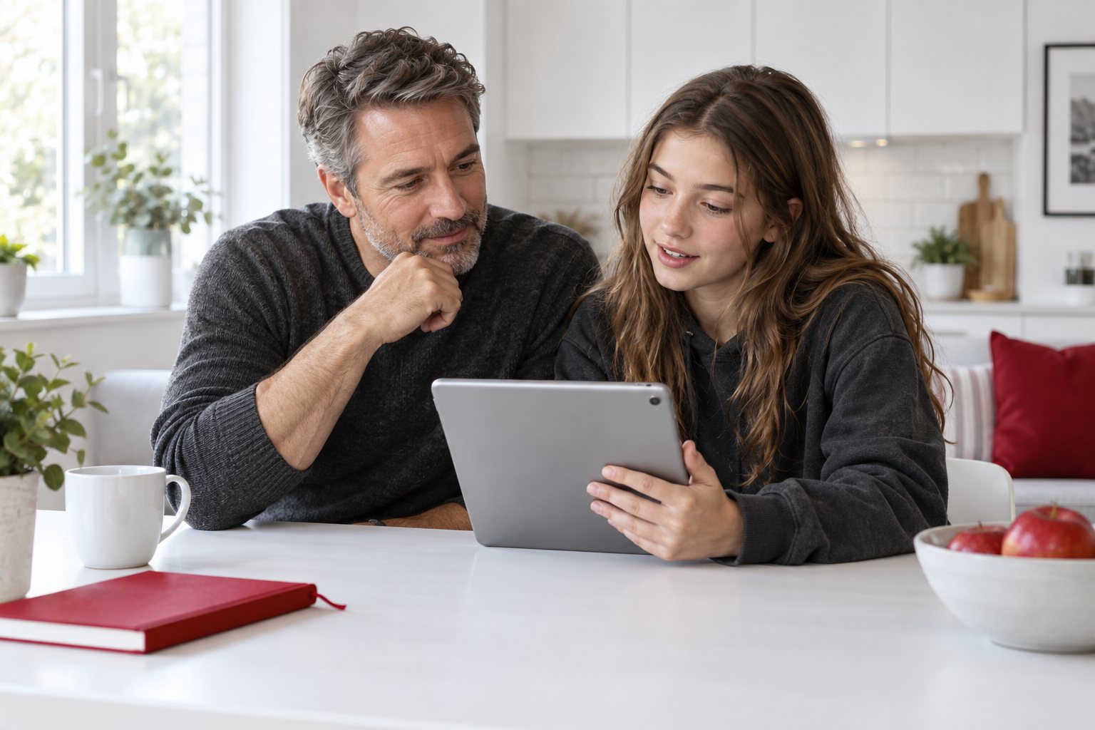 Parent and teenager discussing a shared tablet at home