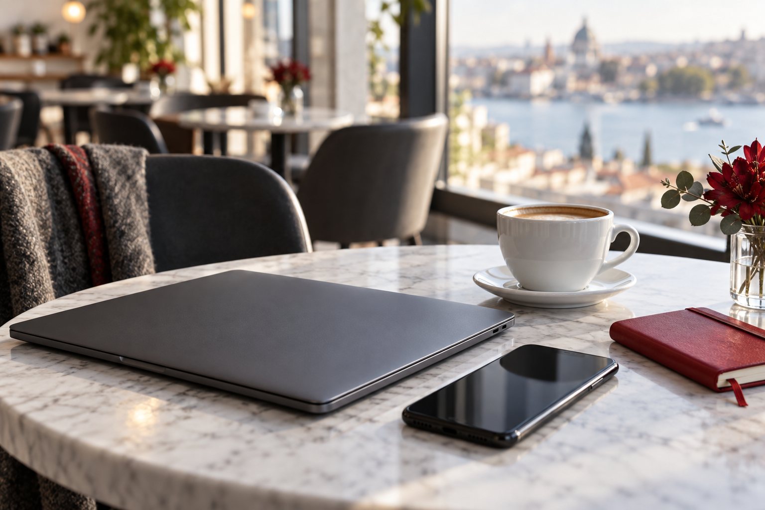 Laptop and phone beside a coffee cup in a bright cafe