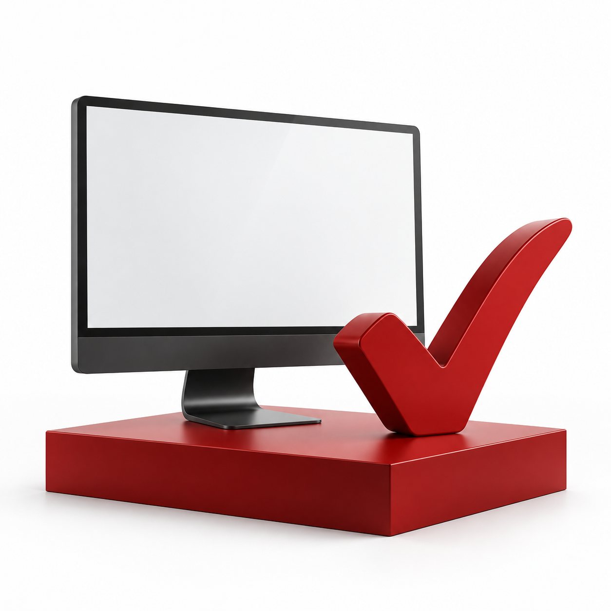Graphite desktop monitor with a red abstract check symbol