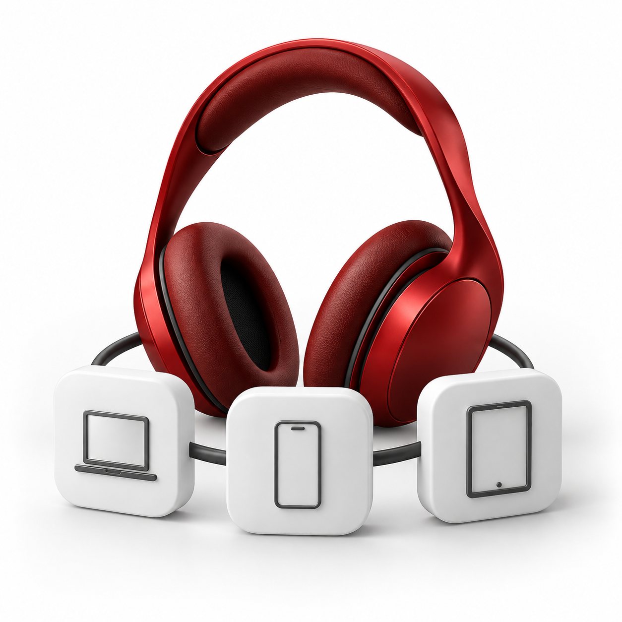 Red headset surrounding three small connected device blocks