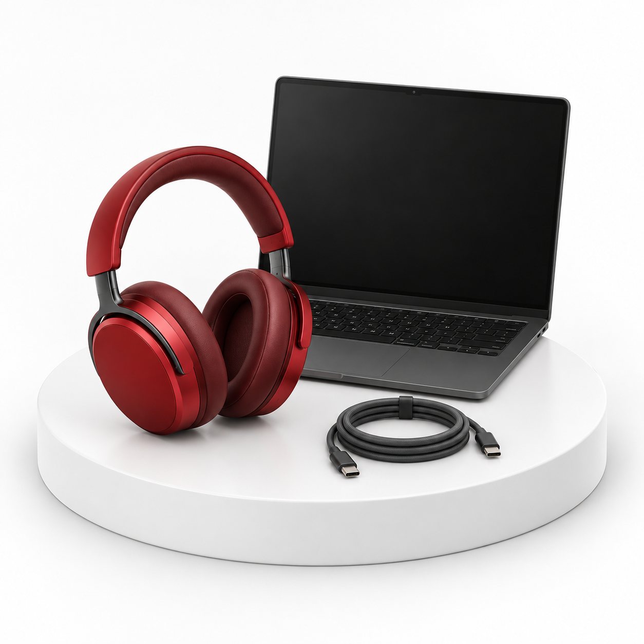 Red headset beside a graphite laptop