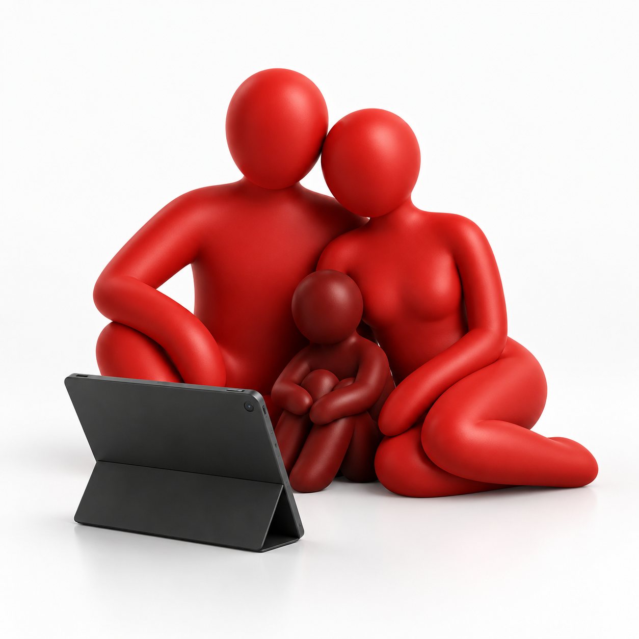 Two red adult figures and a smaller figure beside a tablet