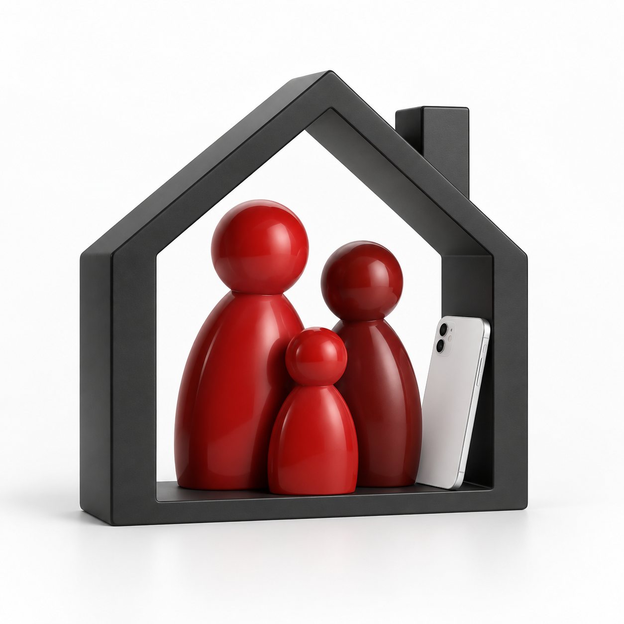 Red family figures inside a simple open house frame