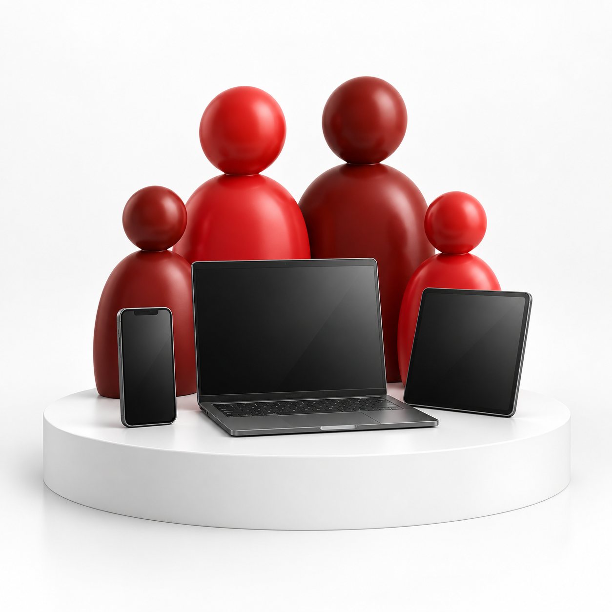 Family figures arranged with a laptop, tablet and phone