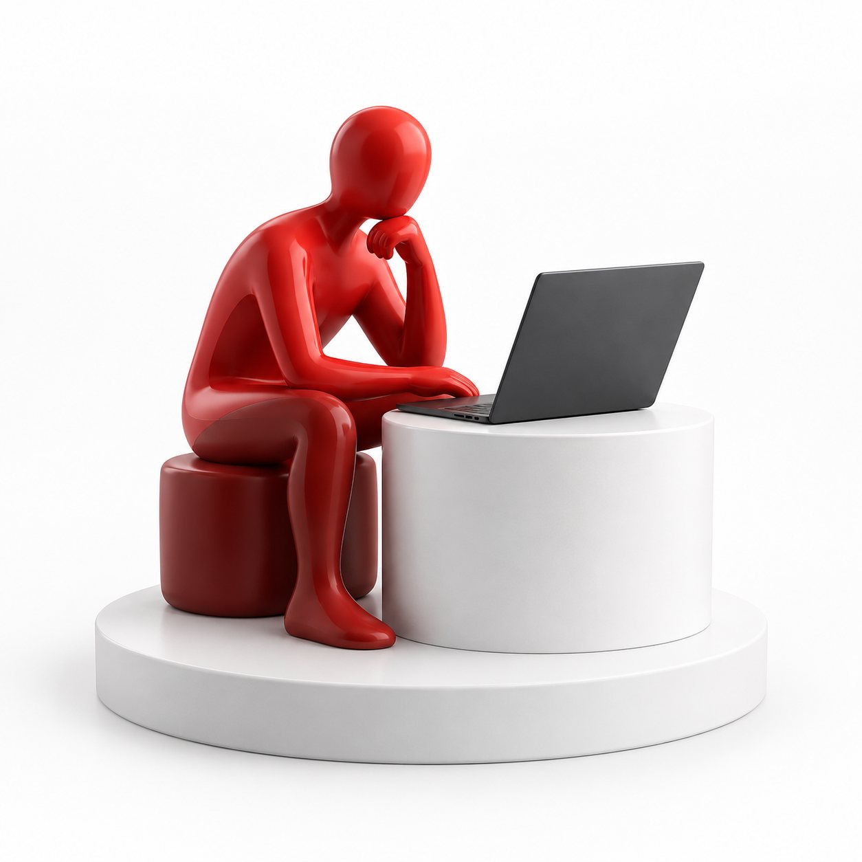 Red personal profile sculpture with a laptop on a white pedestal