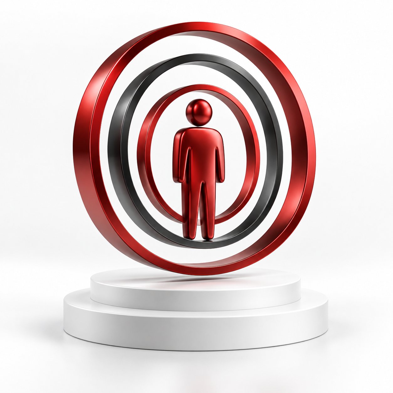 Red personal profile sculpture surrounded by three floating rings