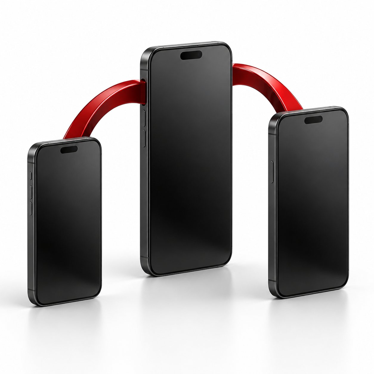Three differently sized smartphones with red arches