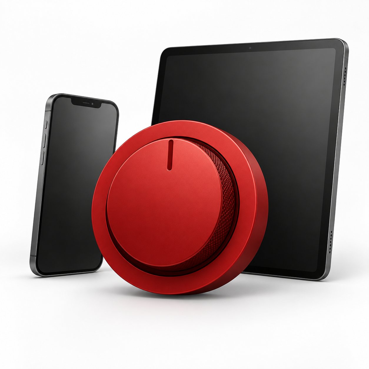 Graphite phone and tablet beside a red privacy dial