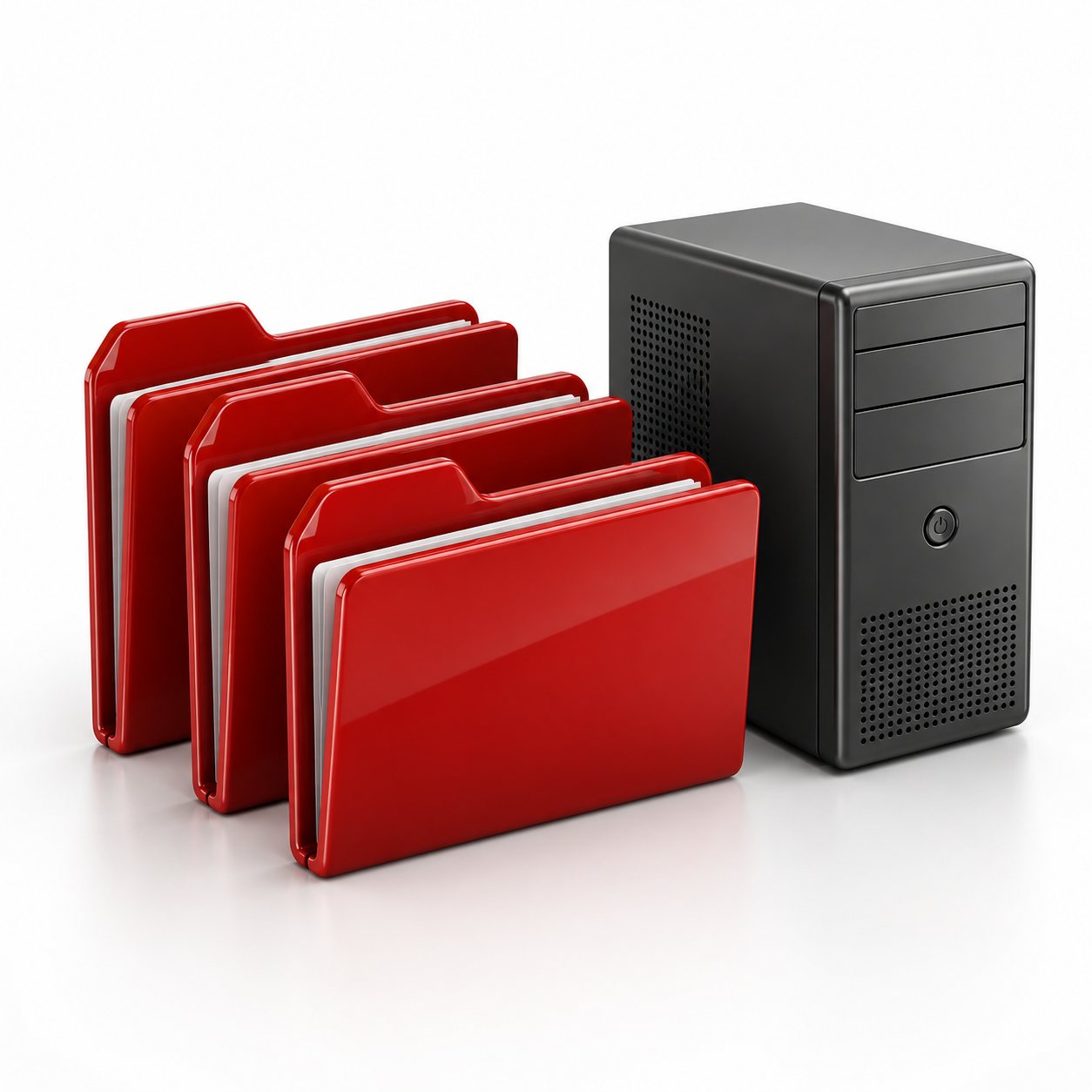 Red file folders arranged beside a graphite desktop tower