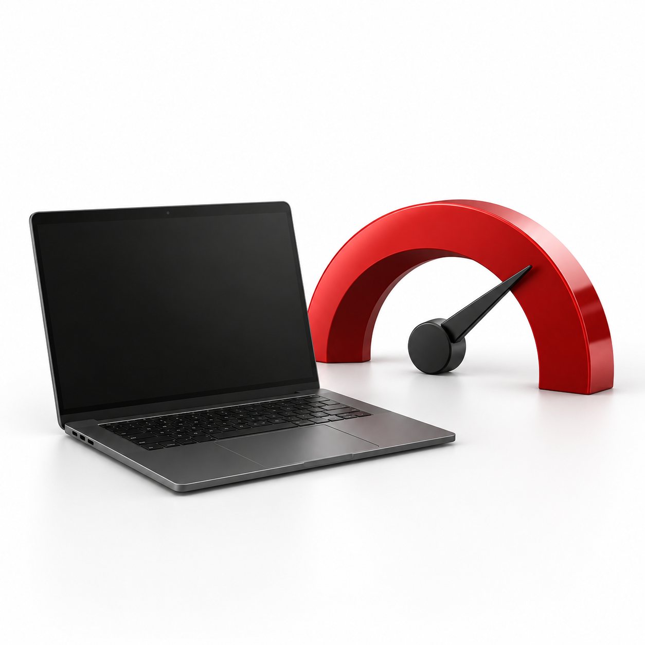 Graphite laptop beside a red speed dial