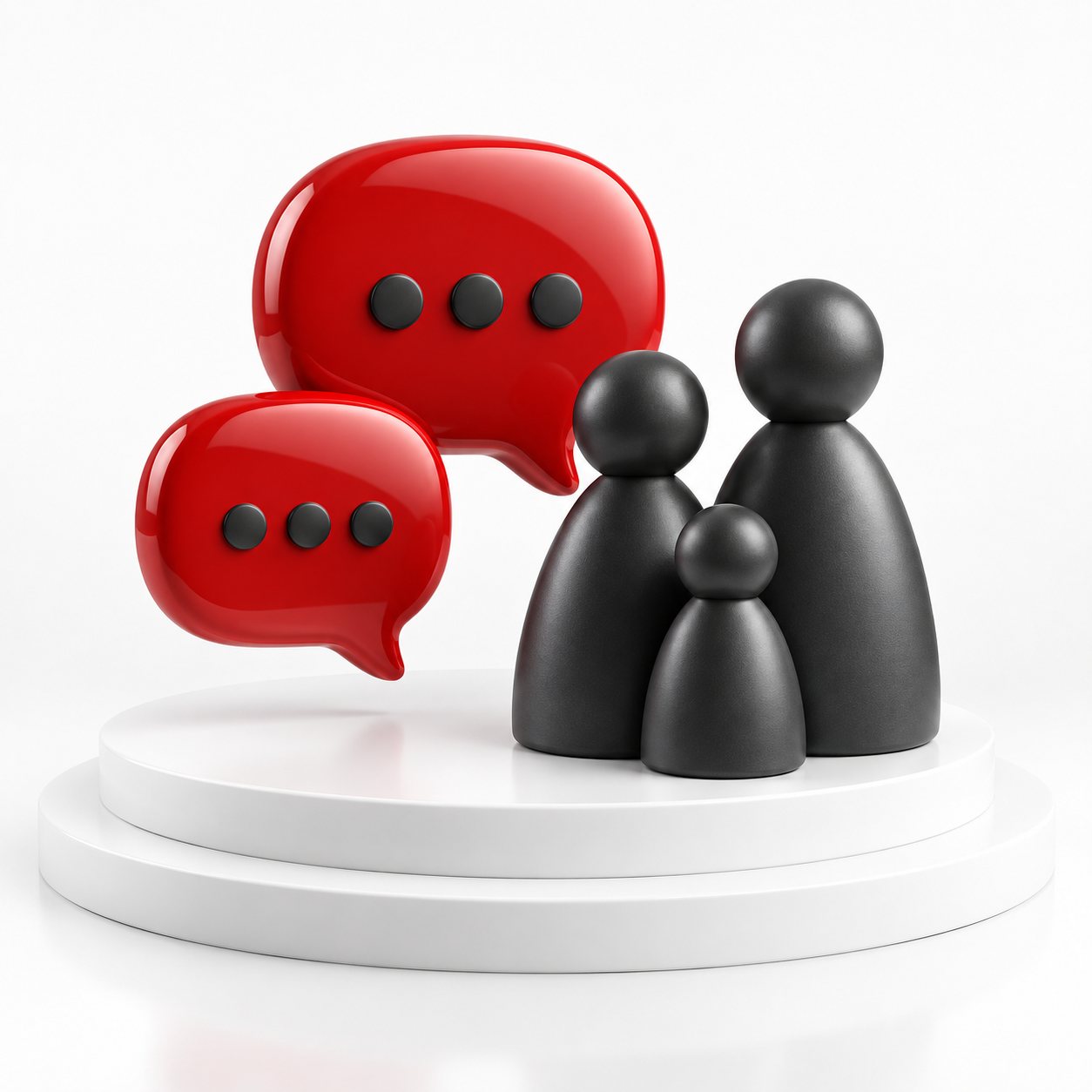 Two red message bubbles beside three family figures