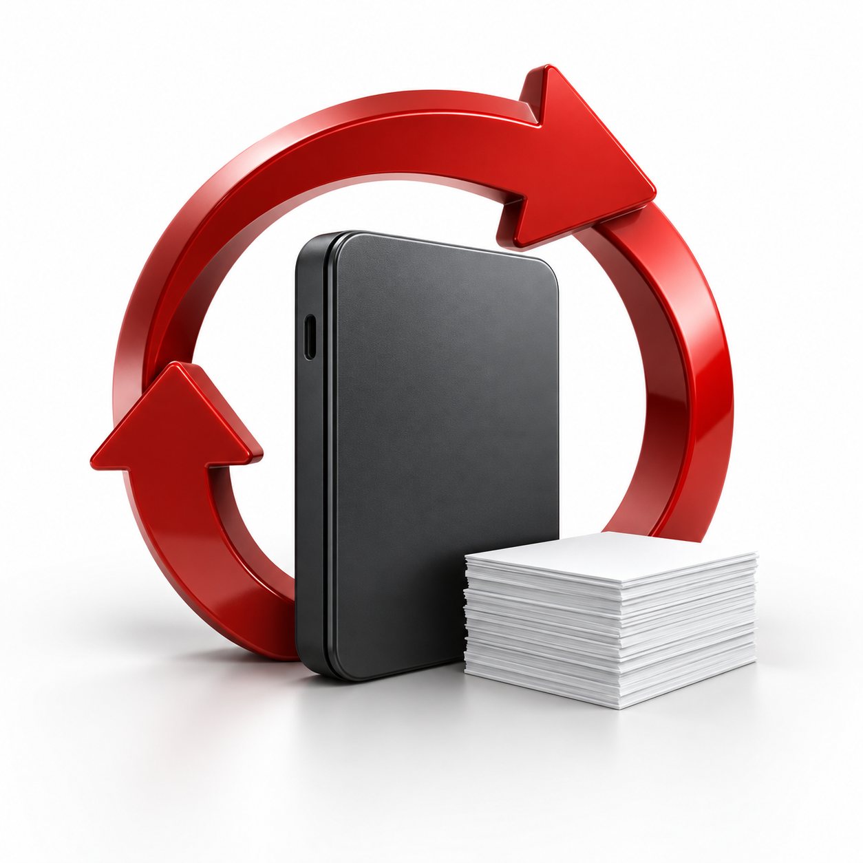 Red circular arrow around a graphite external drive