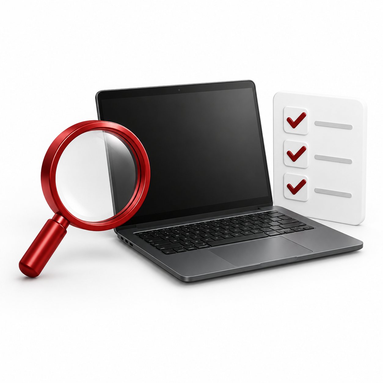 Red magnifying glass beside a graphite laptop and checklist