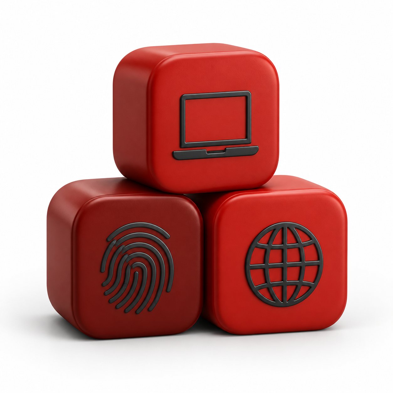 Three red geometric modules grouped on a white platform