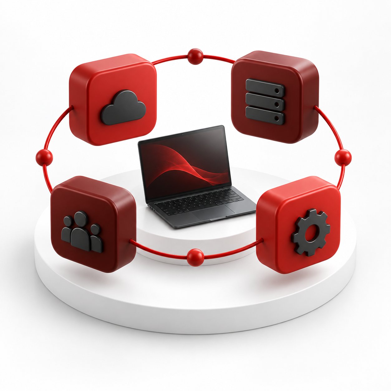 Red modular blocks surrounding a central graphite device