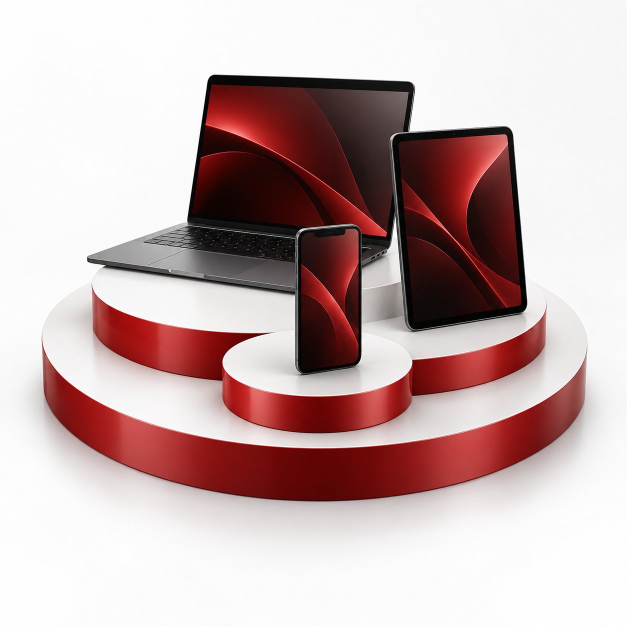 Layered red circular platforms supporting connected devices
