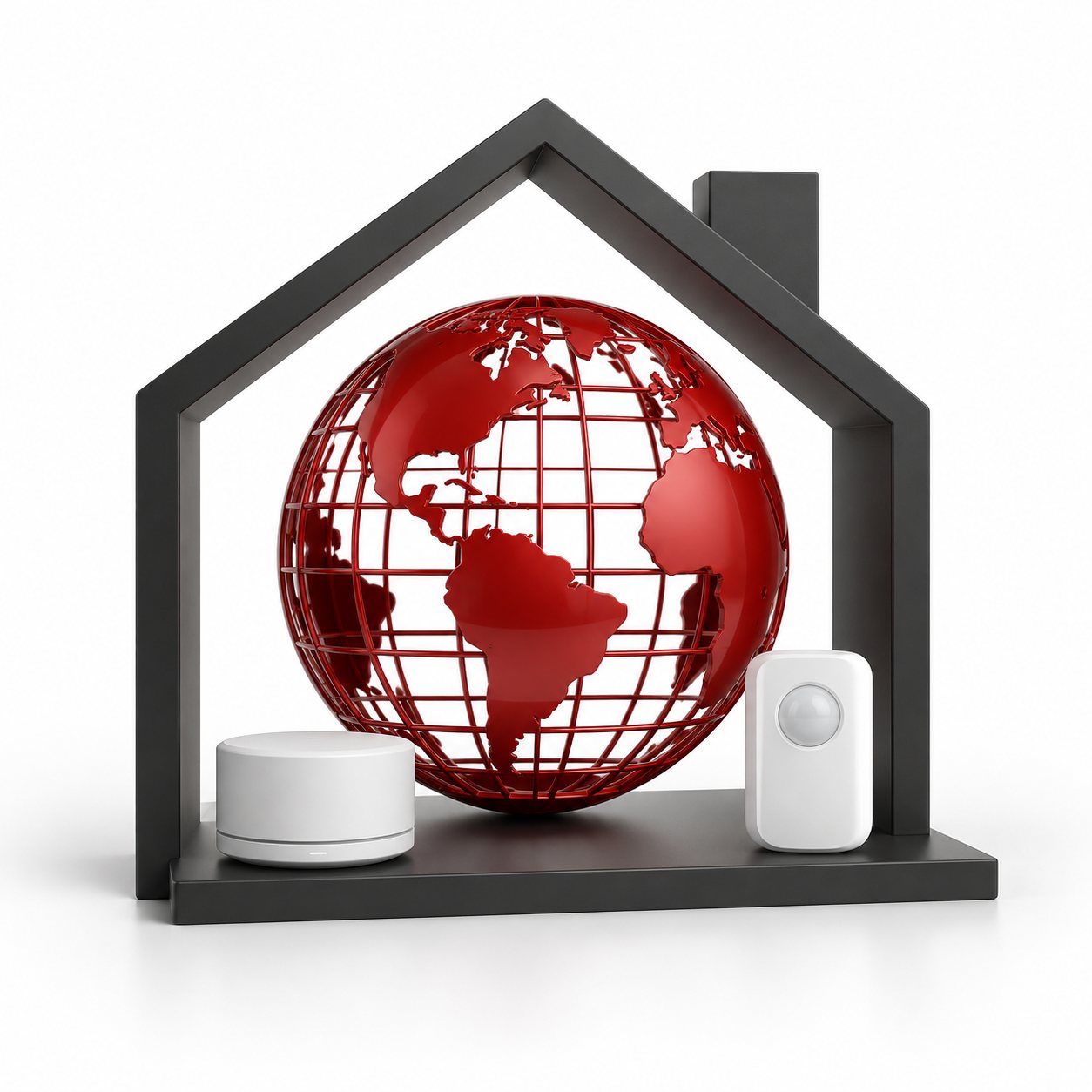 Red globe set within an open house-shaped frame