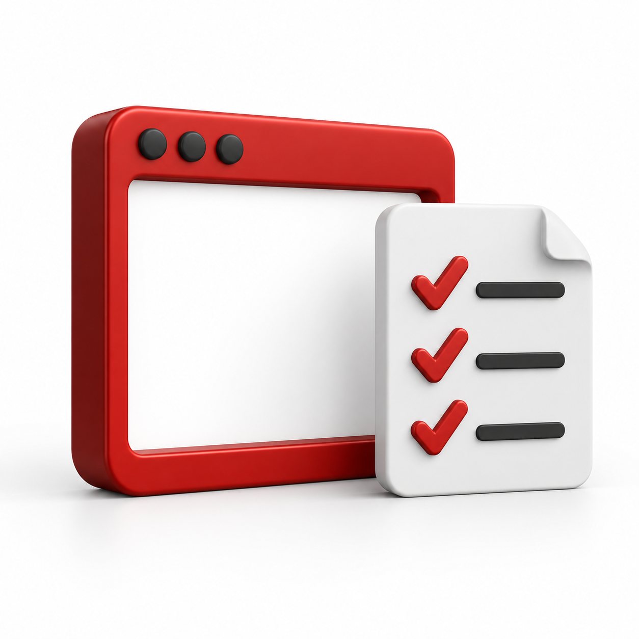 Red browser window model beside a white checklist sheet