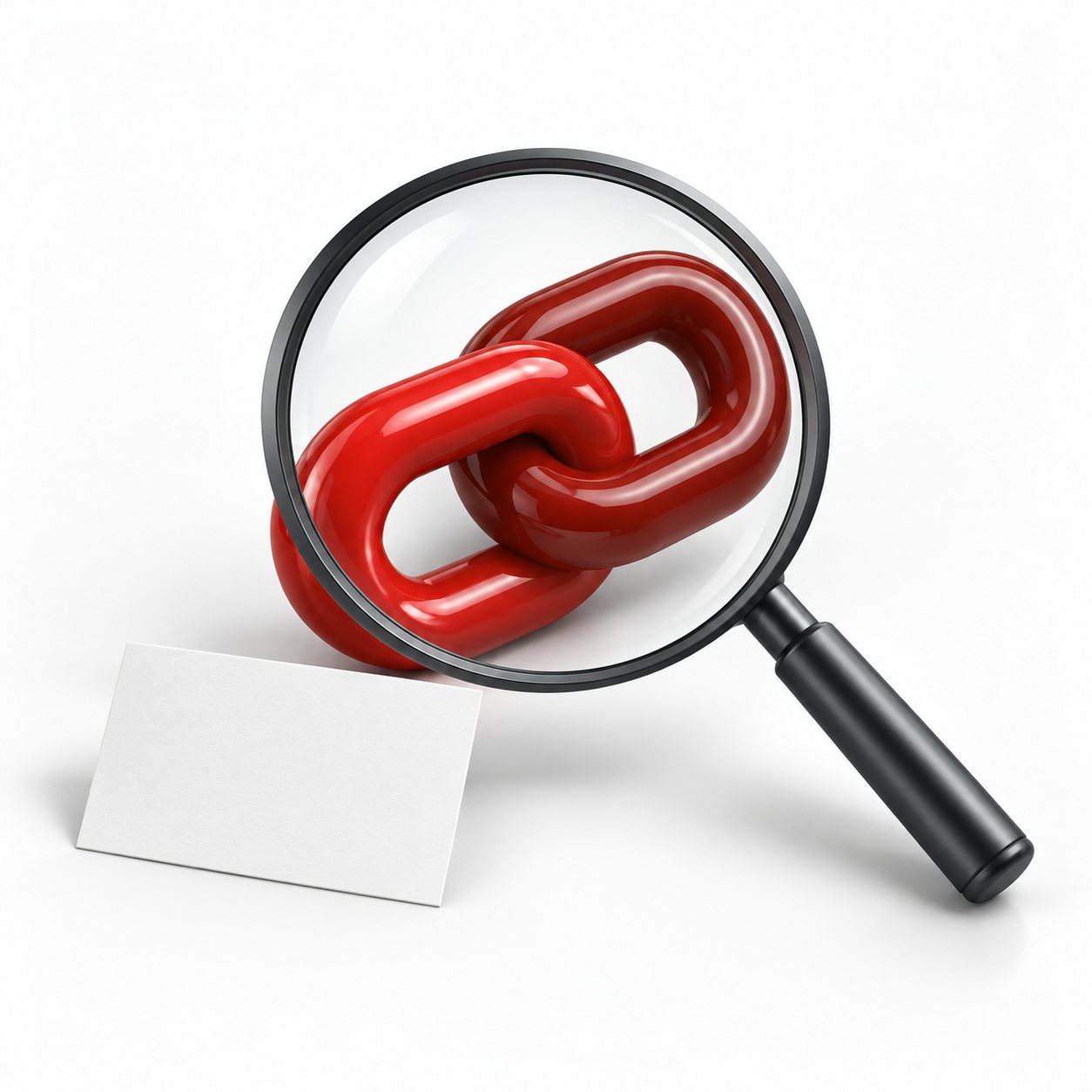 Red chain link sculpture beneath a graphite magnifying glass